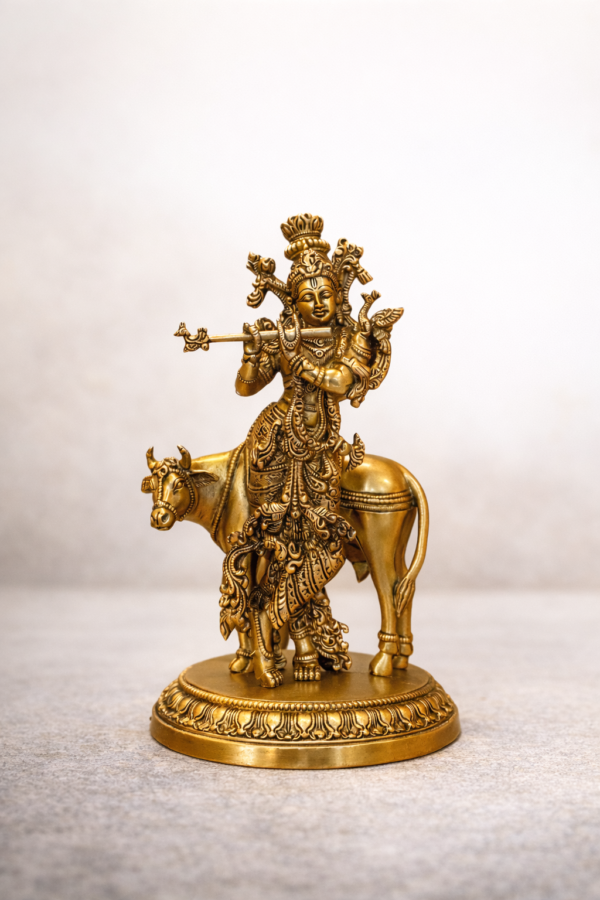 Govardhan Krishna with Cow – Solid Brass Gopal Krishna Statue
