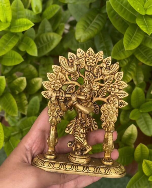 Vrindavan Krishna with Tree & Peacock – Solid Brass Standing Krishna Statue